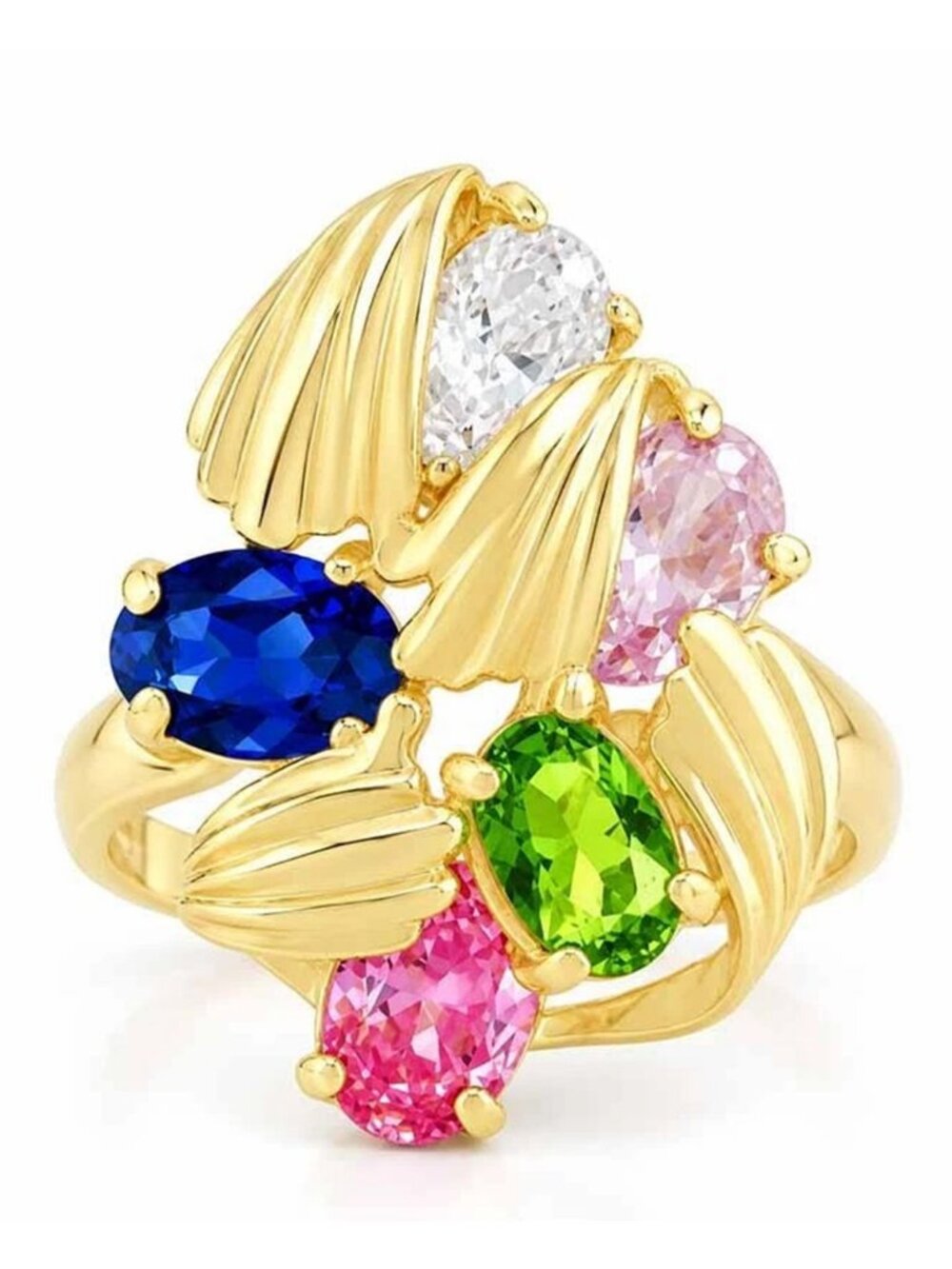 Created 3.25 Cts Peridot, Blue, Pink & White Sapphire Cocktail Ring 14k Gold